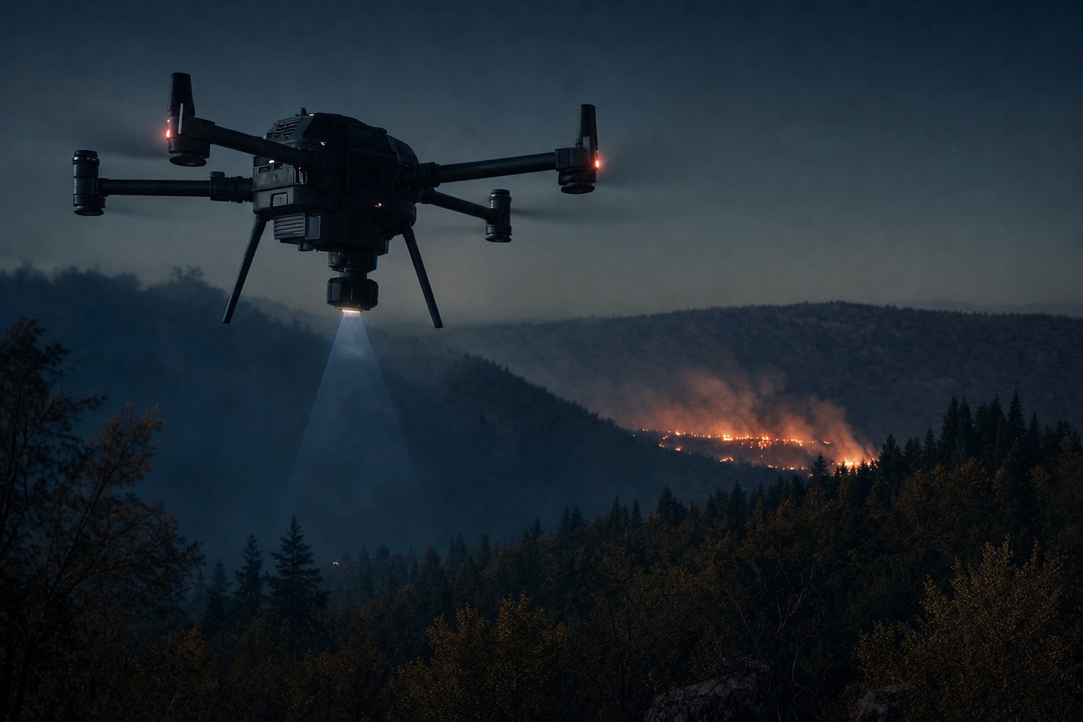 Dron verificando foco de incendio nocturno