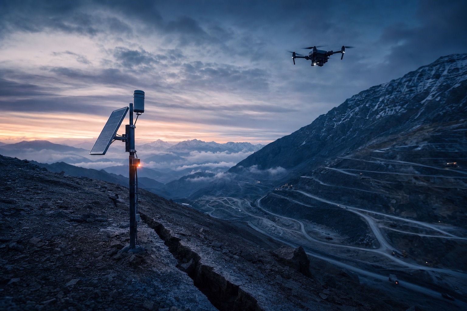 Talud con sensor geotécnico y dron