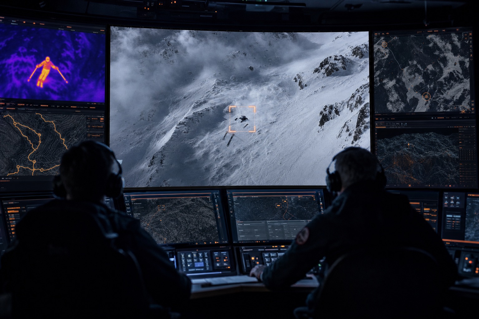 Central de monitoreo recibiendo el video del dron con un esquiador perdido identificado en la nieve