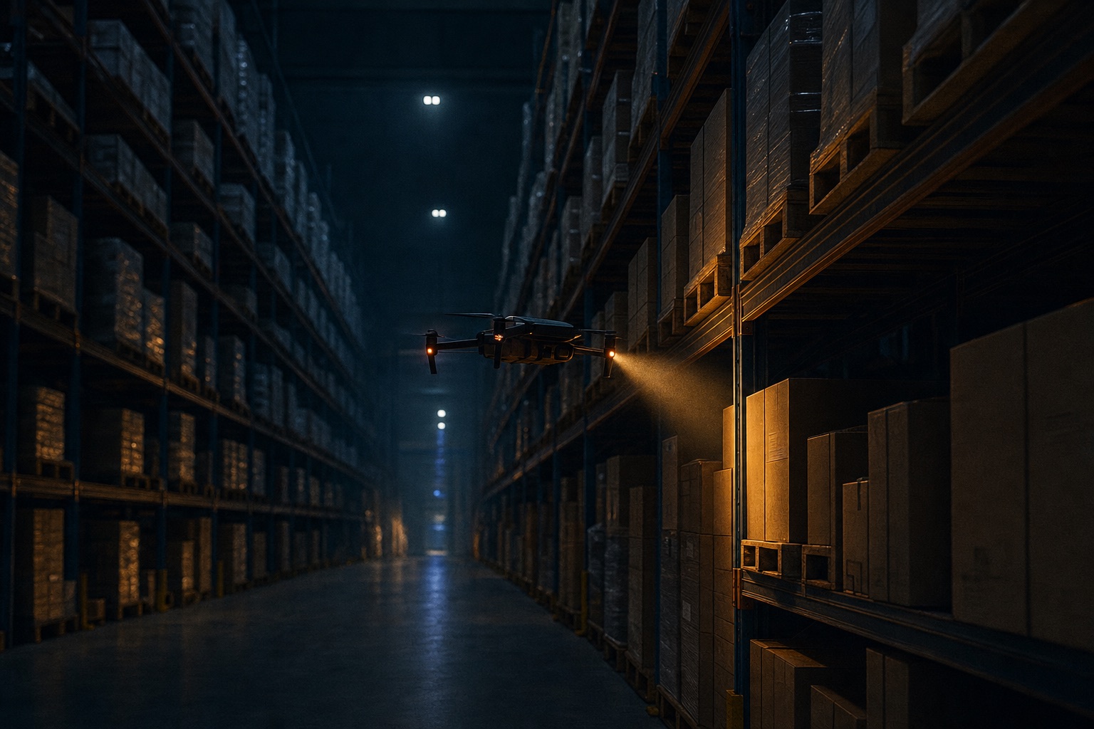 Dron escaneando racks de bodega